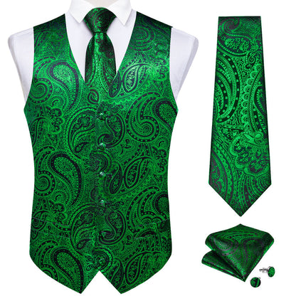 Green Black Paisley Silk Vest Set vest set    - Sophisticated Gentlemen