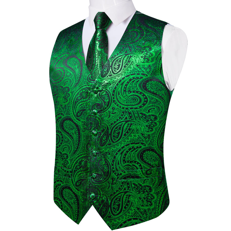 Green Black Paisley Silk Vest Set vest set    - Sophisticated Gentlemen