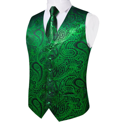 Green Black Paisley Silk Vest Set vest set    - Sophisticated Gentlemen