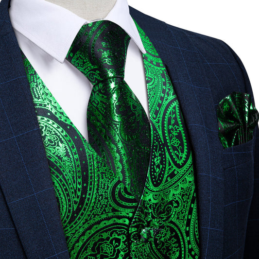 Green Black Paisley Silk Vest Set vest set S (Chest 40")   - Sophisticated Gentlemen