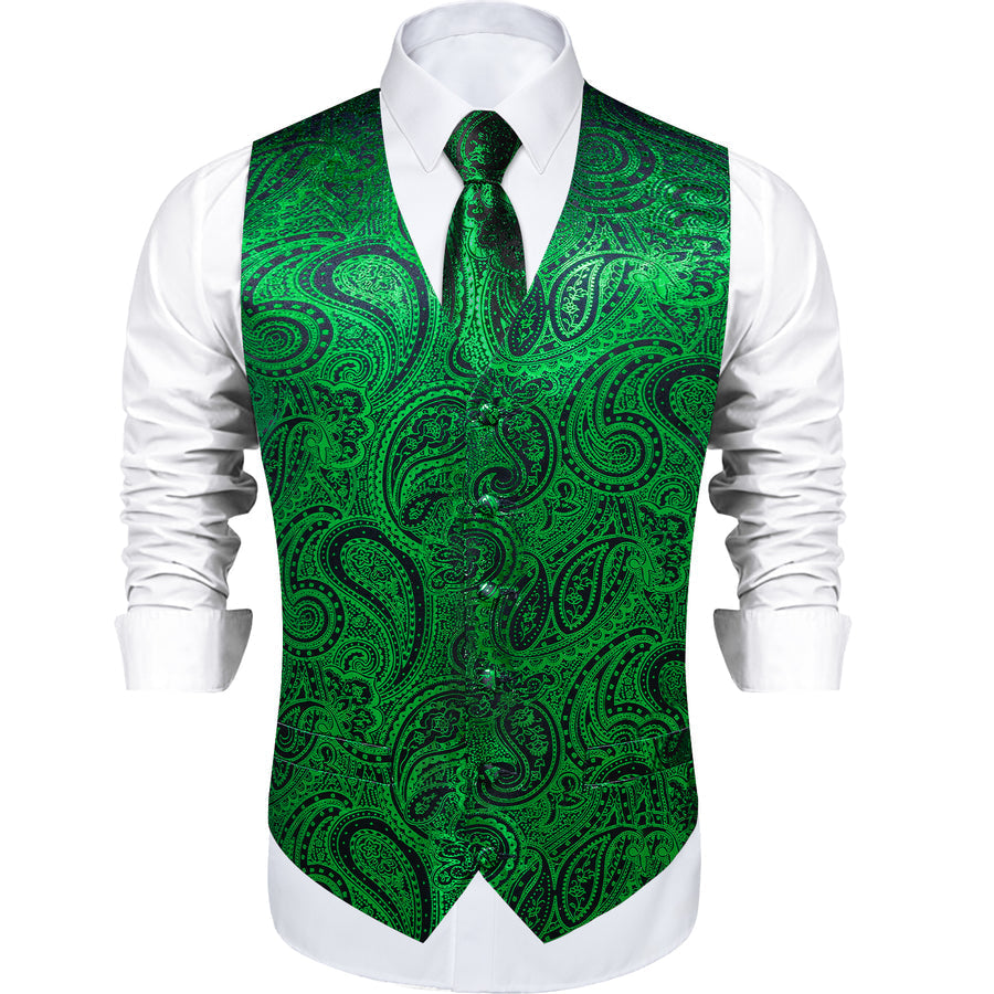 Green Black Paisley Silk Vest Set vest set    - Sophisticated Gentlemen