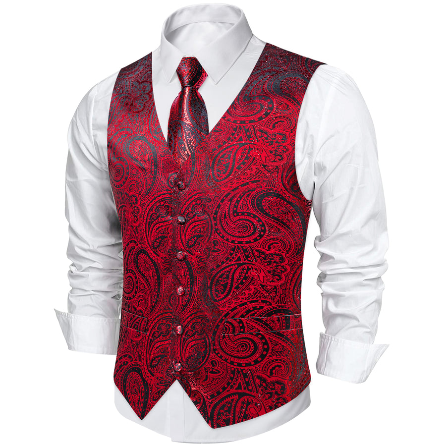 Red Paisley Silk Men's Vest Set vest set    - Sophisticated Gentlemen