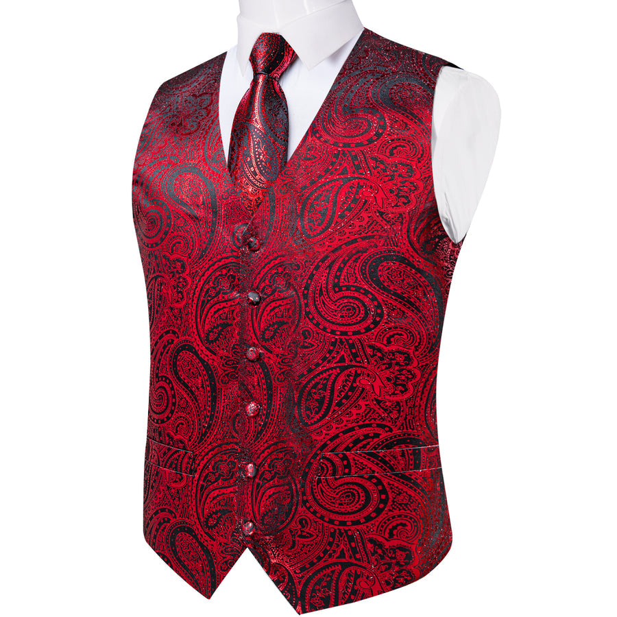 Red Paisley Silk Men's Vest Set vest set    - Sophisticated Gentlemen