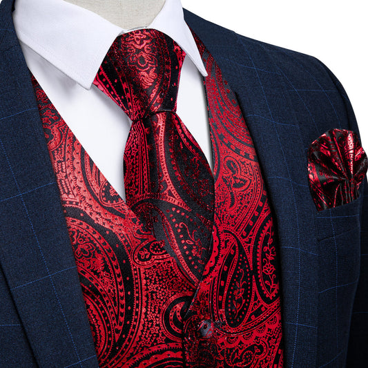 Red Paisley Silk Men's Vest Set vest set S (Chest 40")   - Sophisticated Gentlemen