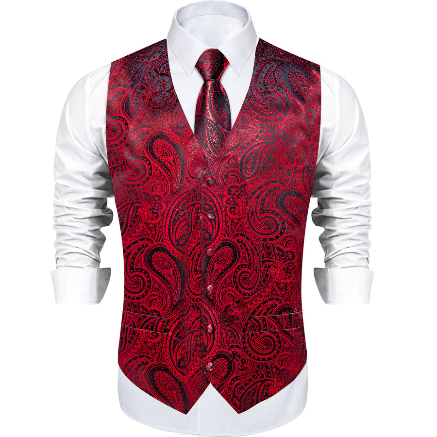 Red Paisley Silk Men's Vest Set vest set    - Sophisticated Gentlemen