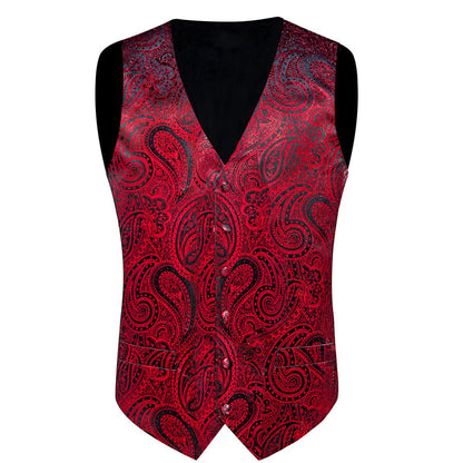 Red Paisley Silk Men's Vest Set vest set    - Sophisticated Gentlemen