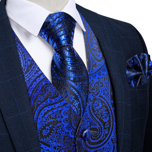 Blue Coral Paisley Silk Vest Set vest set S (Chest 40")   - Sophisticated Gentlemen