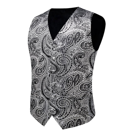 Gray Black Paisley Silk Men's Vest Set vest set    - Sophisticated Gentlemen
