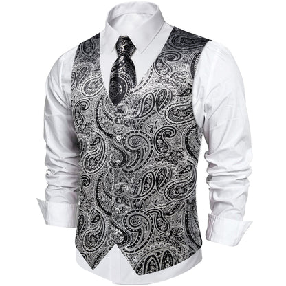 Gray Black Paisley Silk Men's Vest Set vest set    - Sophisticated Gentlemen