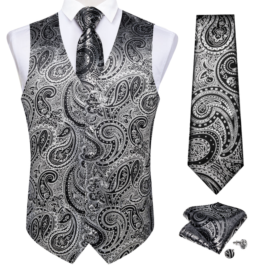 Gray Black Paisley Silk Men's Vest Set vest set    - Sophisticated Gentlemen