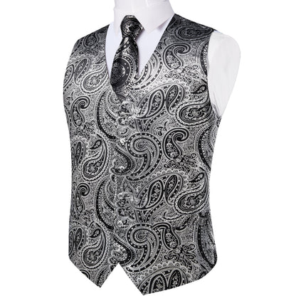 Gray Black Paisley Silk Men's Vest Set vest set    - Sophisticated Gentlemen