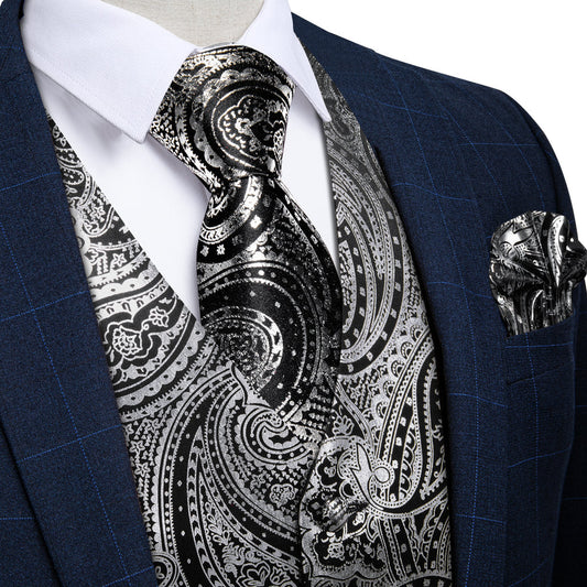 Gray Black Paisley Silk Men's Vest Set vest set S (Chest 40")   - Sophisticated Gentlemen