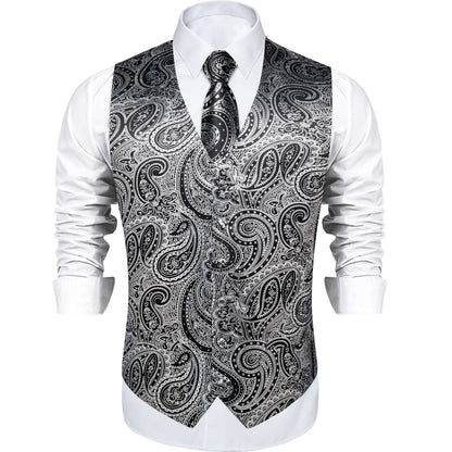 Gray Black Paisley Silk Men's Vest Set vest set    - Sophisticated Gentlemen