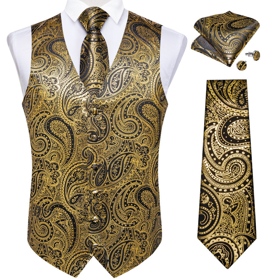 Gold Black Paisley Hot Stamping Silk Men's Vest Set vest set    - Sophisticated Gentlemen