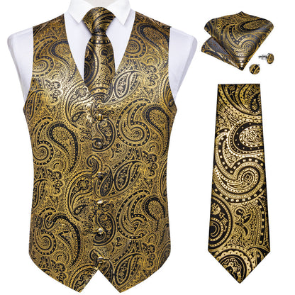 Gold Black Paisley Hot Stamping Silk Men's Vest Set vest set    - Sophisticated Gentlemen