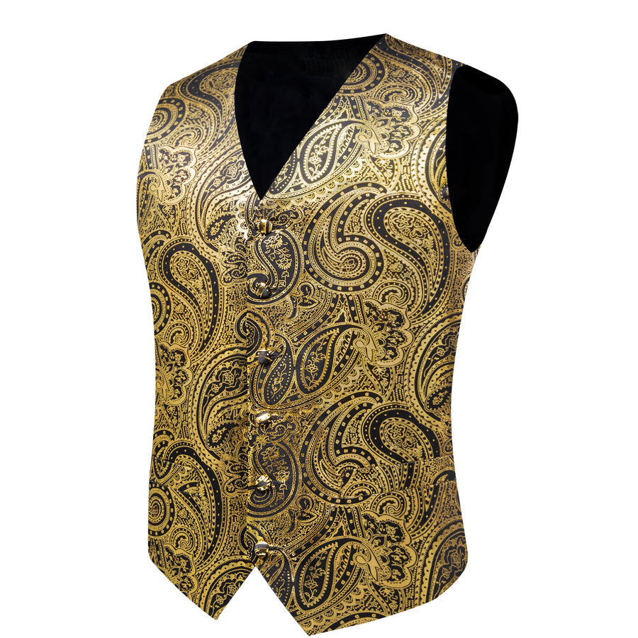 Gold Black Paisley Hot Stamping Silk Men's Vest Set vest set    - Sophisticated Gentlemen