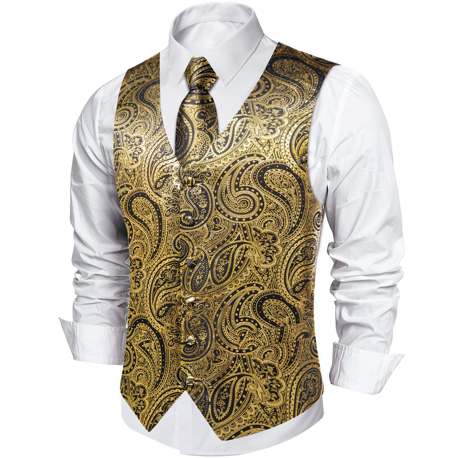 Gold Black Paisley Hot Stamping Silk Men's Vest Set vest set    - Sophisticated Gentlemen