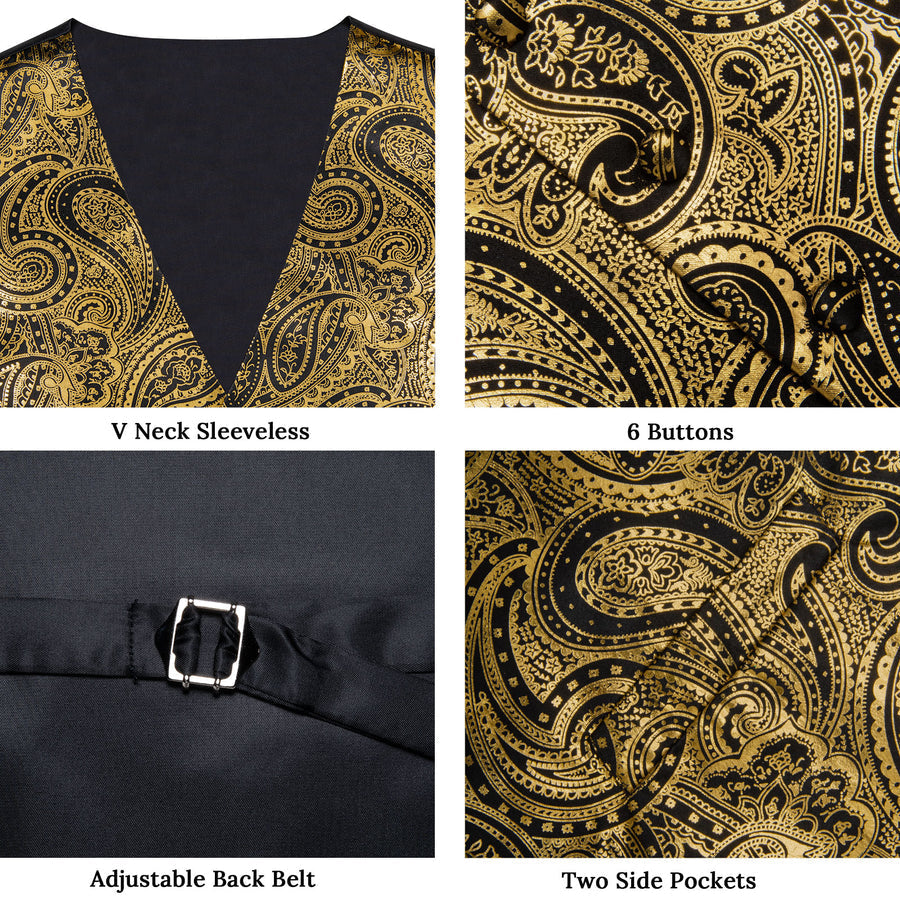 Gold Black Paisley Hot Stamping Silk Men's Vest Set vest set    - Sophisticated Gentlemen