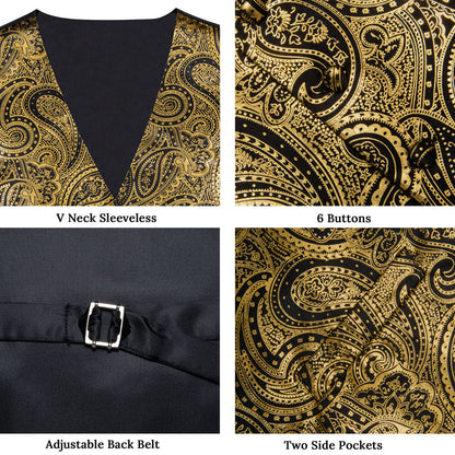 Gold Black Paisley Hot Stamping Silk Men's Vest Set vest set    - Sophisticated Gentlemen