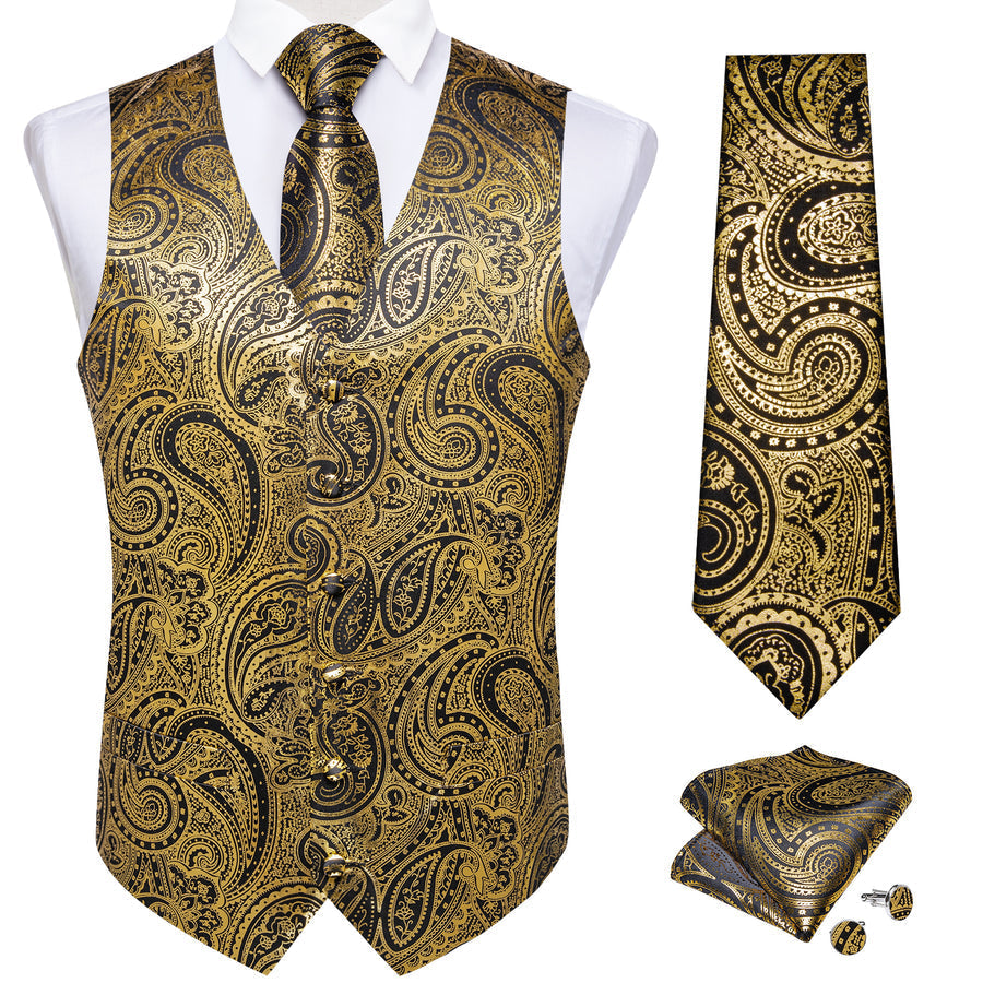 Gold Black Paisley Hot Stamping Silk Men's Vest Set vest set    - Sophisticated Gentlemen