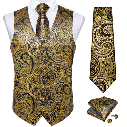 Gold Black Paisley Hot Stamping Silk Men's Vest Set vest set    - Sophisticated Gentlemen