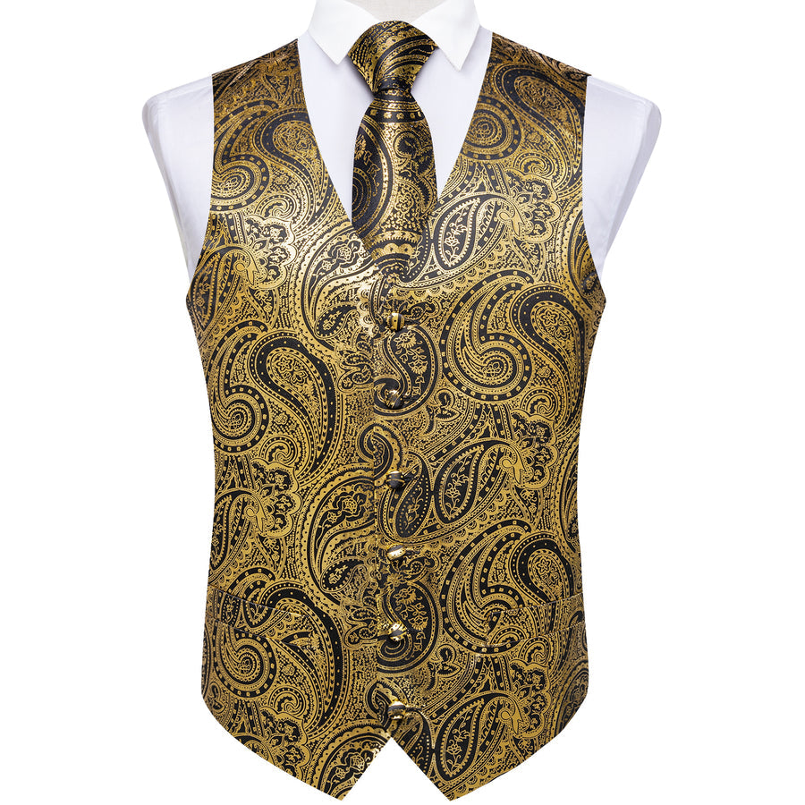 Gold Black Paisley Hot Stamping Silk Men's Vest Set vest set    - Sophisticated Gentlemen
