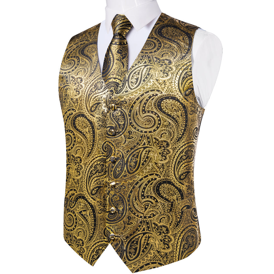 Gold Black Paisley Hot Stamping Silk Men's Vest Set vest set    - Sophisticated Gentlemen