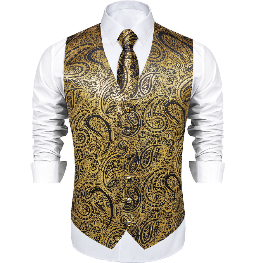 Gold Black Paisley Hot Stamping Silk Men's Vest Set vest set    - Sophisticated Gentlemen