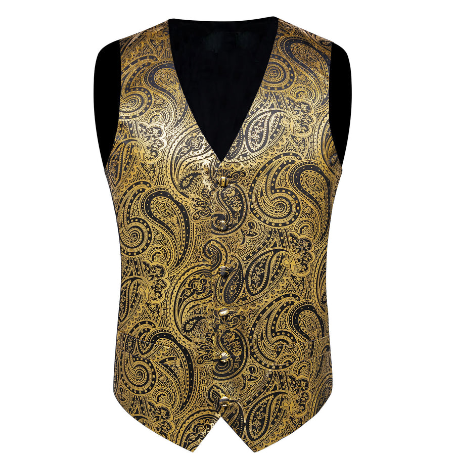 Gold Black Paisley Hot Stamping Silk Men's Vest Set vest set    - Sophisticated Gentlemen