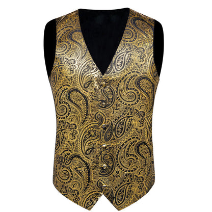 Gold Black Paisley Hot Stamping Silk Men's Vest Set vest set    - Sophisticated Gentlemen