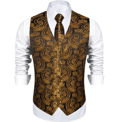 Gold Black Paisley Silk Men's Vest Set vest set    - Sophisticated Gentlemen