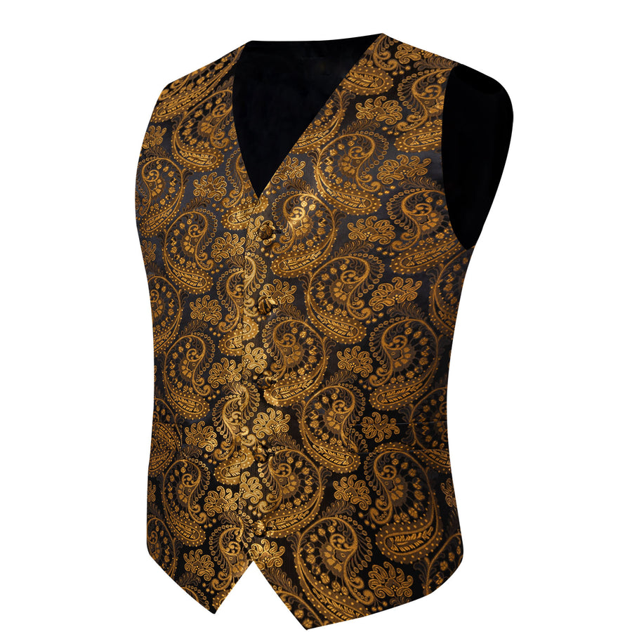 Gold Black Paisley Silk Men's Vest Set vest set    - Sophisticated Gentlemen