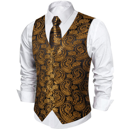 Gold Black Paisley Silk Men's Vest Set vest set    - Sophisticated Gentlemen
