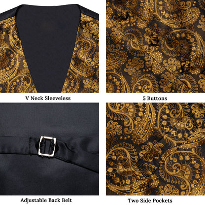 Gold Black Paisley Silk Men's Vest Set vest set    - Sophisticated Gentlemen
