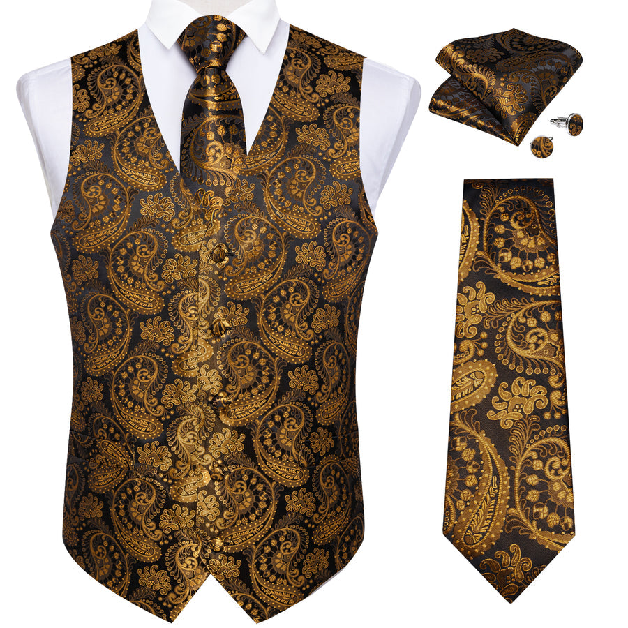 Gold Black Paisley Silk Men's Vest Set vest set    - Sophisticated Gentlemen