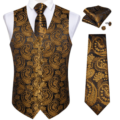 Gold Black Paisley Silk Men's Vest Set vest set    - Sophisticated Gentlemen