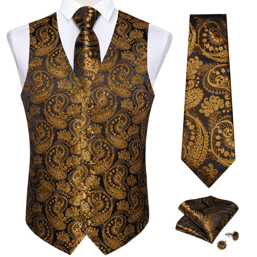 Gold Black Paisley Silk Men's Vest Set vest set    - Sophisticated Gentlemen