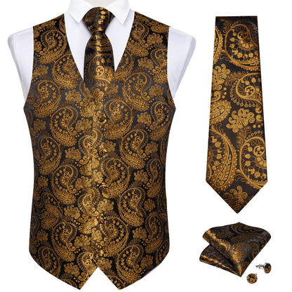 Gold Black Paisley Silk Men's Vest Set vest set    - Sophisticated Gentlemen