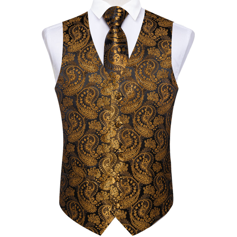 Gold Black Paisley Silk Men's Vest Set vest set    - Sophisticated Gentlemen