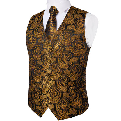 Gold Black Paisley Silk Men's Vest Set vest set    - Sophisticated Gentlemen