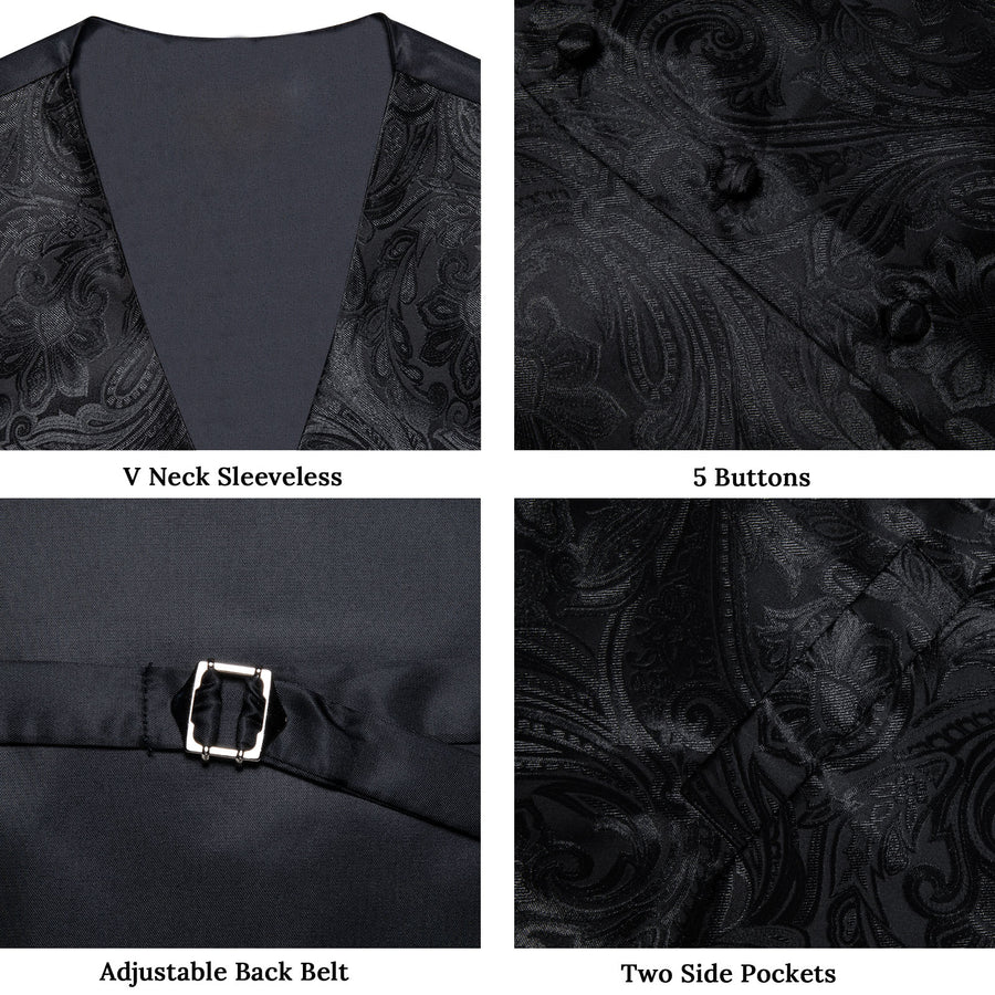 Black Paisley Flower Silk Men's Vest Set vest set    - Sophisticated Gentlemen
