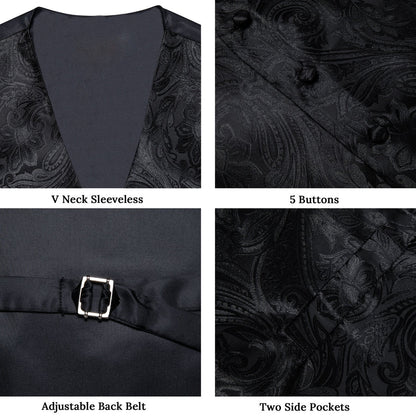 Black Paisley Flower Silk Men's Vest Set vest set    - Sophisticated Gentlemen
