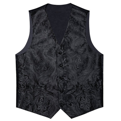 Black Paisley Flower Silk Men's Vest Set vest set    - Sophisticated Gentlemen