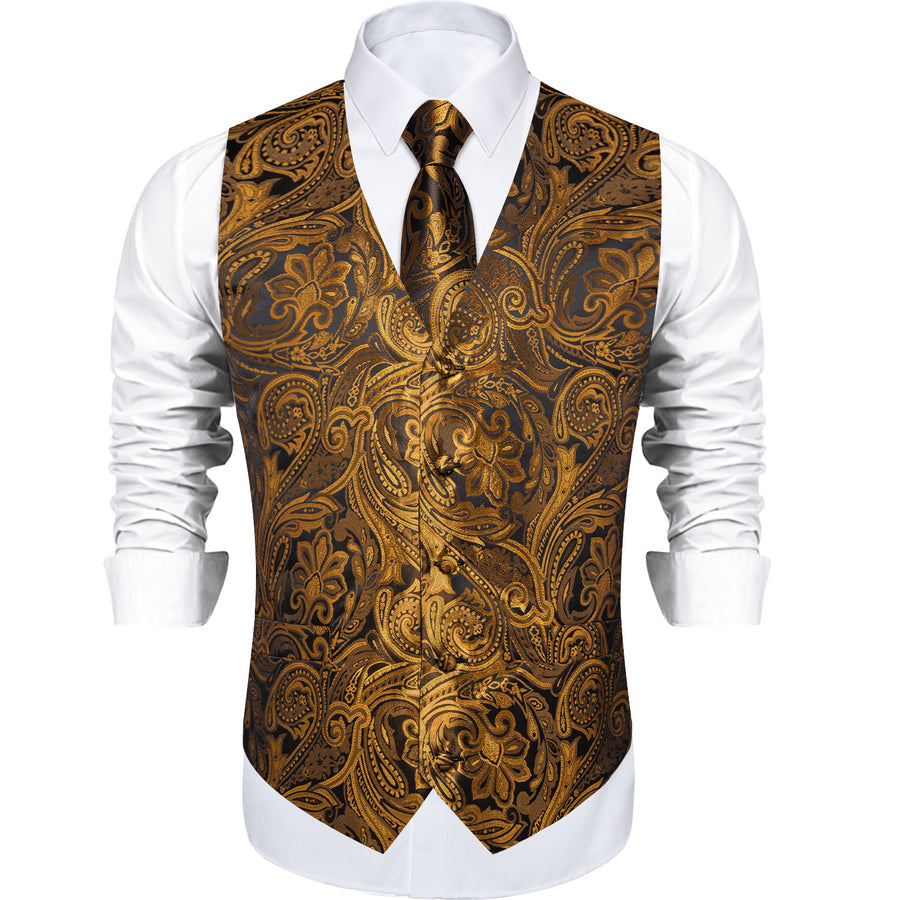 Gold Brown Paisley Flower Silk Vest Set vest set    - Sophisticated Gentlemen