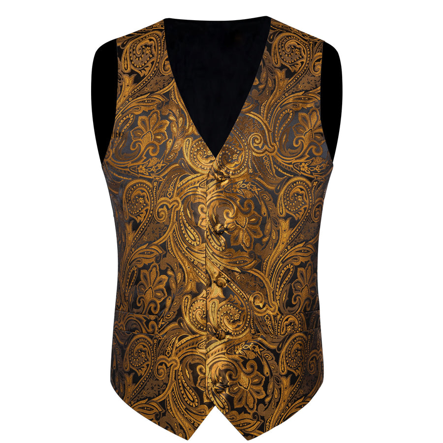 Gold Brown Paisley Flower Silk Vest Set vest set    - Sophisticated Gentlemen