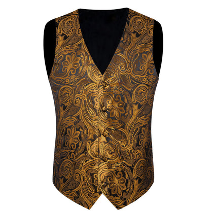 Gold Brown Paisley Flower Silk Vest Set vest set    - Sophisticated Gentlemen