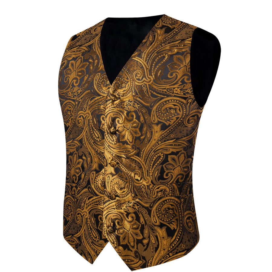Gold Brown Paisley Flower Silk Vest Set vest set    - Sophisticated Gentlemen