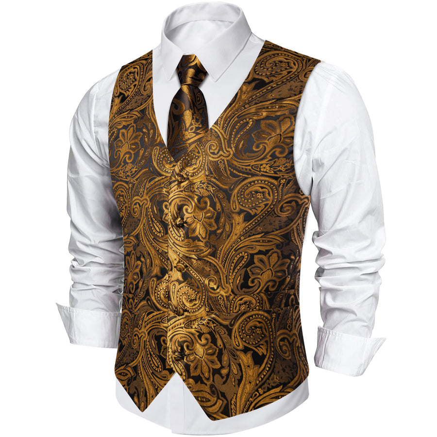 Gold Brown Paisley Flower Silk Vest Set vest set    - Sophisticated Gentlemen