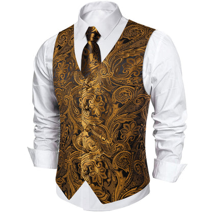 Gold Brown Paisley Flower Silk Vest Set vest set    - Sophisticated Gentlemen