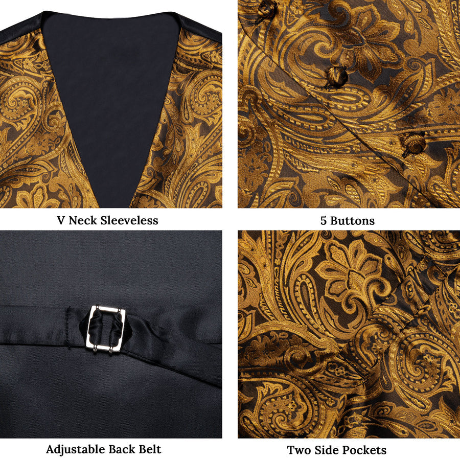Gold Brown Paisley Flower Silk Vest Set vest set    - Sophisticated Gentlemen